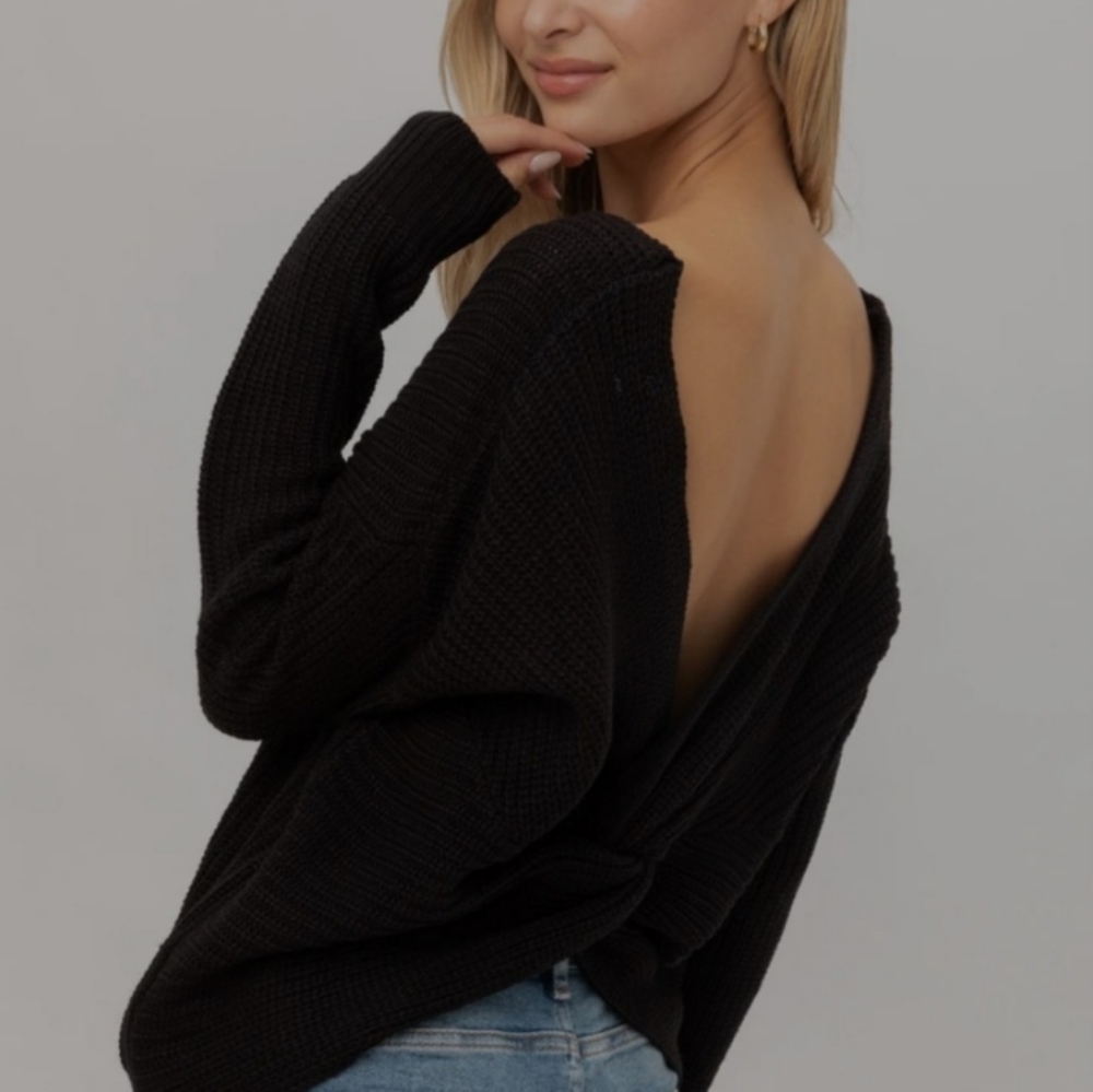 Love Tree Twisted Open Back Sweater-Black